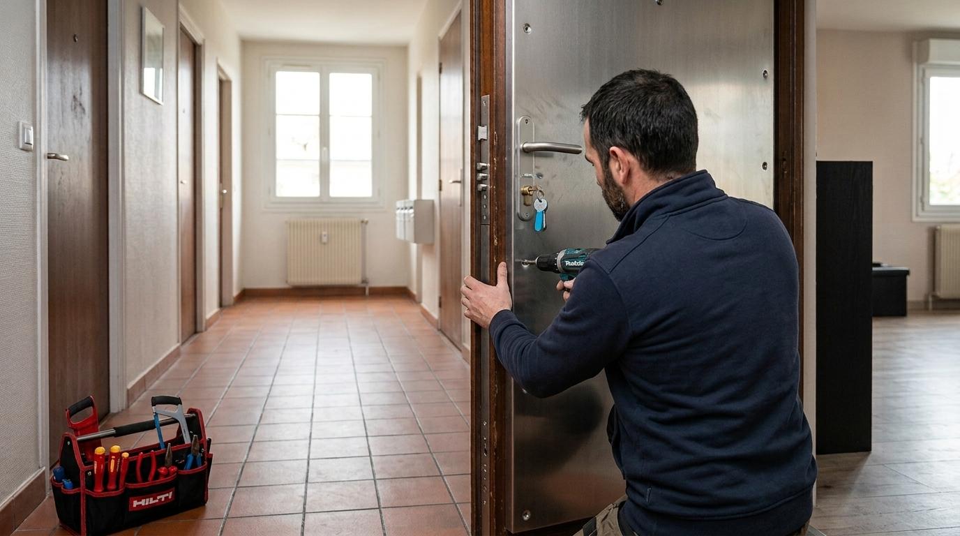 Serrurier réalisant un blindage de porte à 