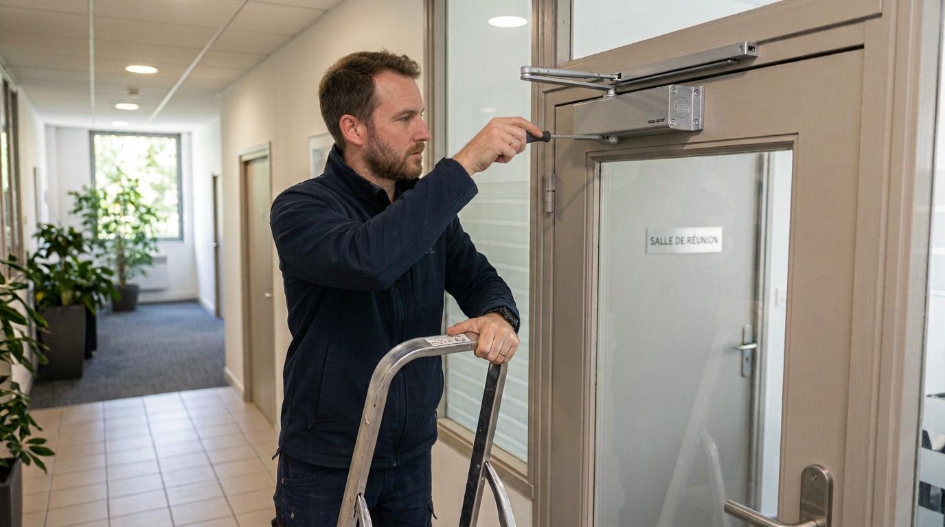 Serrurier professionnel remplaçant un ferme-porte sur une porte à 