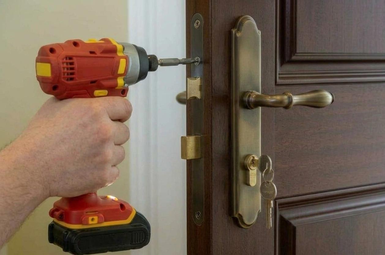 Serrurier remplaçant une serrure en mortaise sur une porte traditionnelle en bois à 