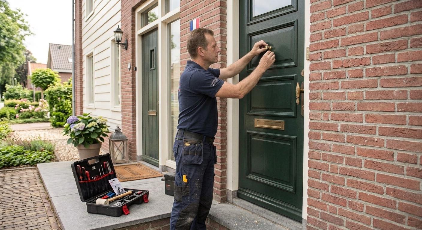 Serrurier installant un judas ou œilleton sur une porte à 