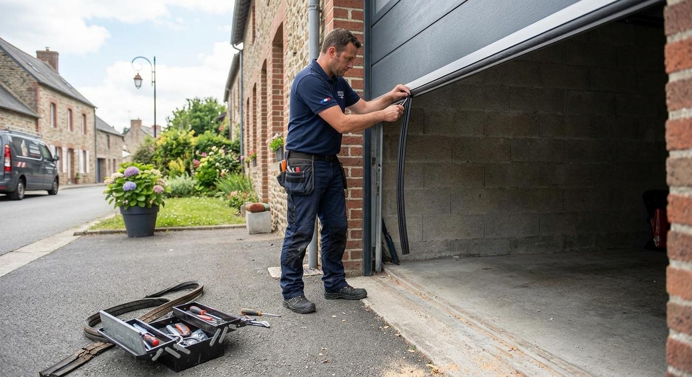 Serrurier remplaçant le joint d'une porte sectionnelle de garage à 