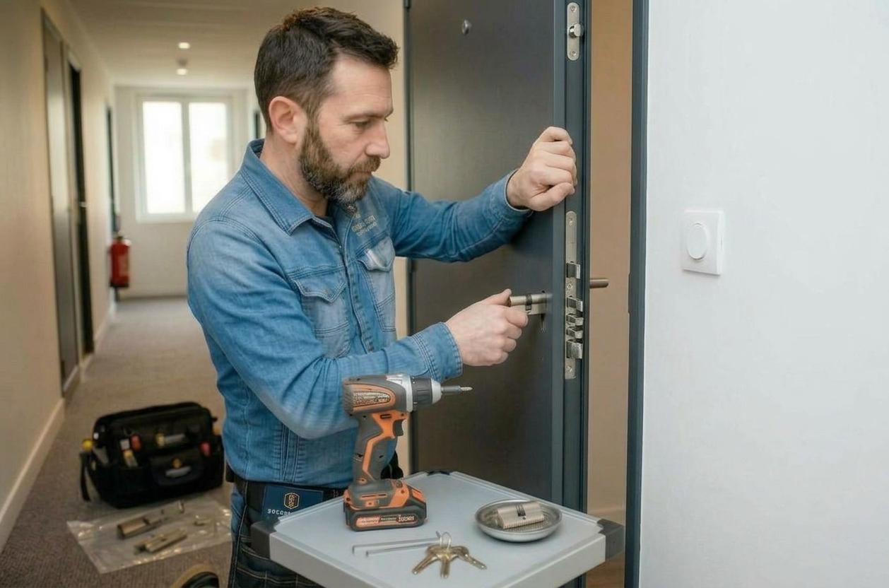 Serrurier remplaçant une serrure multipoints sur une porte d'appartement à 